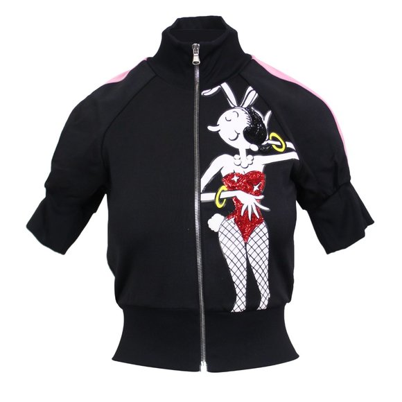 MOSCHINO COUTURE Black Short Sleeve Pink Zip Track Jacket Size 2/38 $895